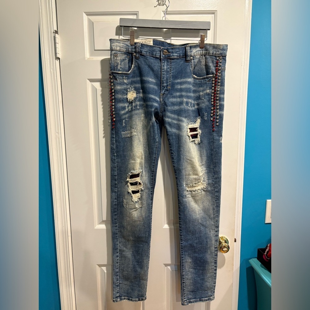 Industrial Indigo  men’s jeans slim rhinestones 38 34